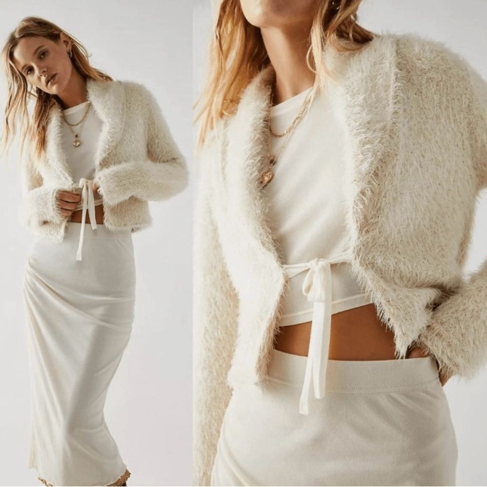 Free People Mina Cardi Champagne Neutral Soft Tie-Front Sweater Cardigan, S, NWT